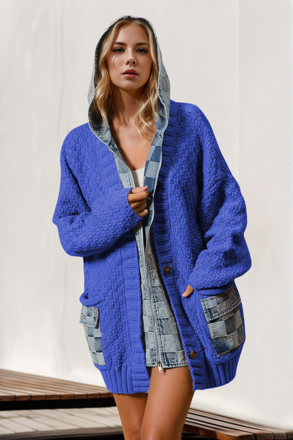 Denim Hooded Mock Layered Zip Front Cardigan