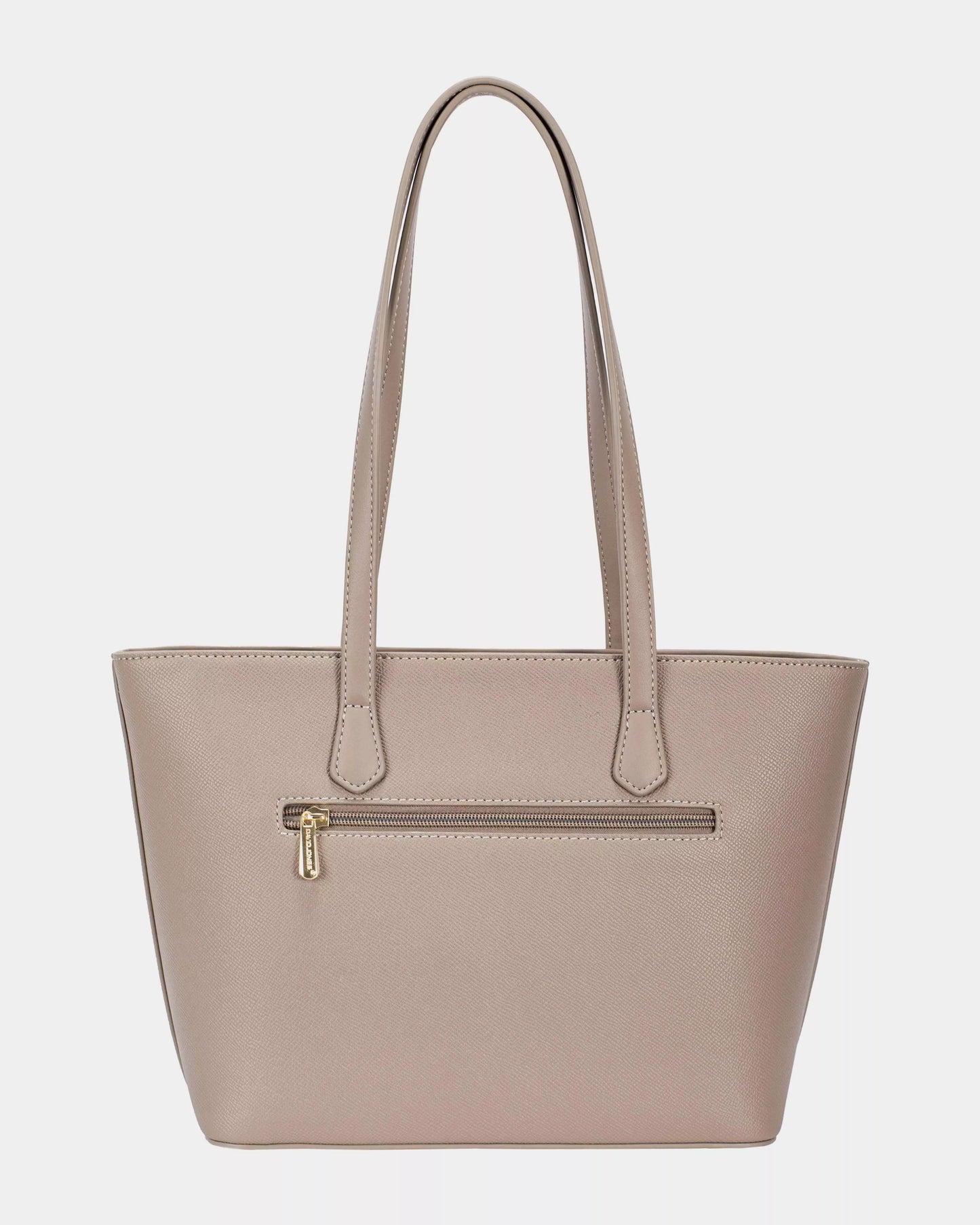 Beige handbag with a gold zipper on a light gray background