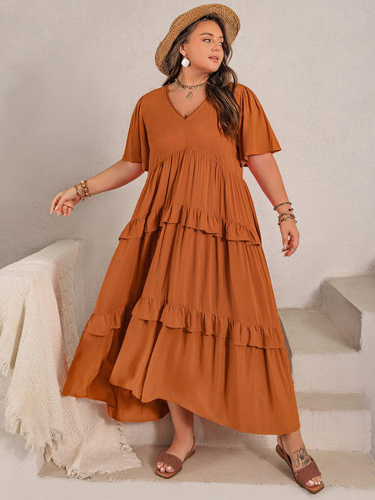 Plus Size V-Neck Flutter Sleeve Maxi Dress in Terracotta