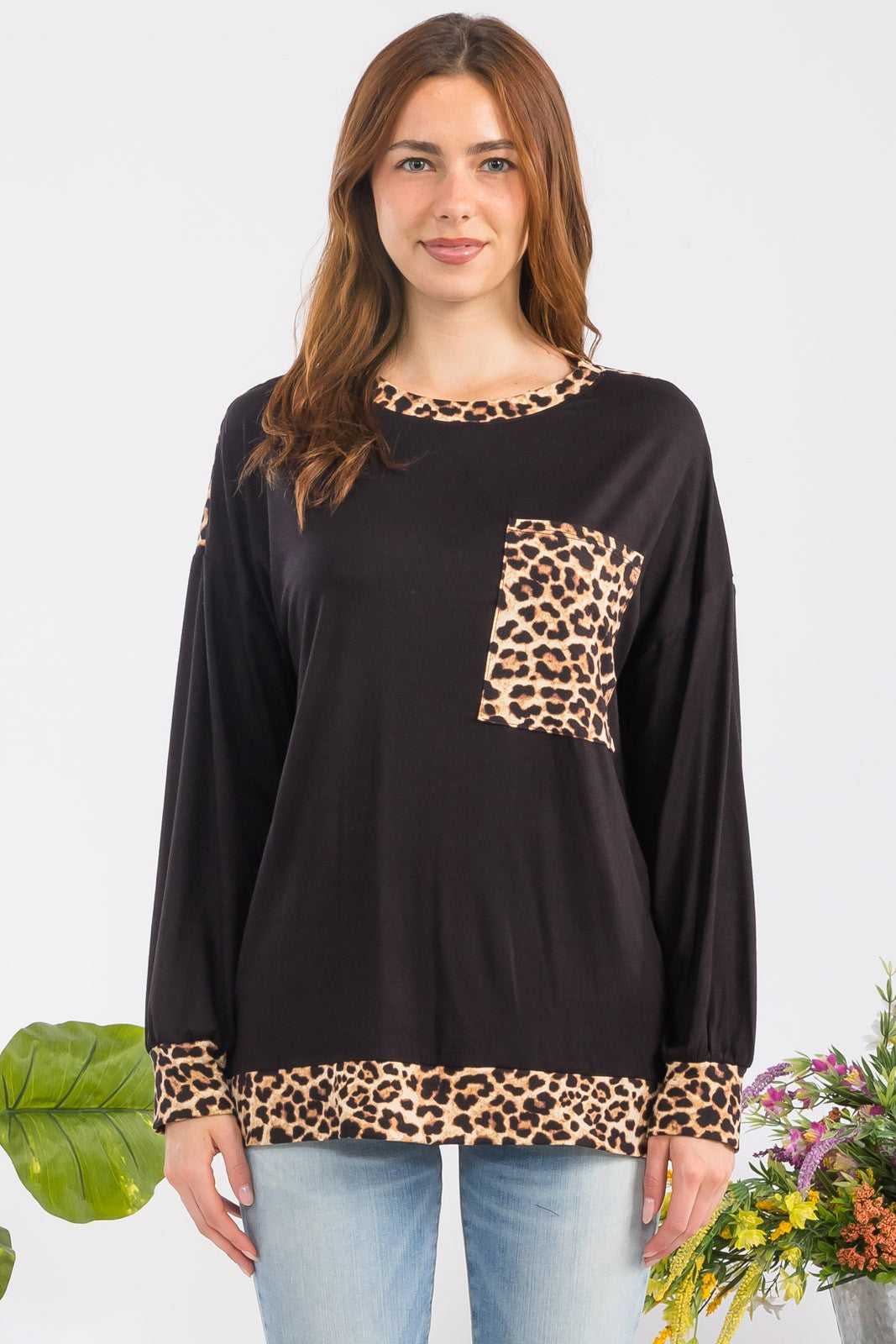 Black Leopard Print Long Sleeve T-Shirt