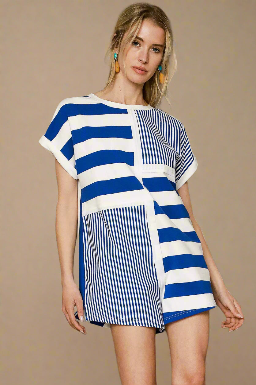 Cobalt & White Mixed Stripe Short Sleeve Romper