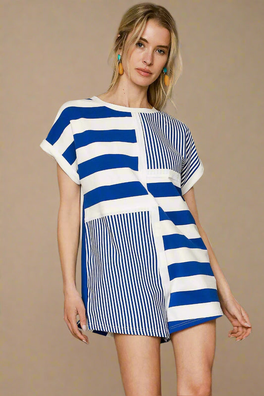 Cobalt & White Mixed Stripe Short Sleeve Romper