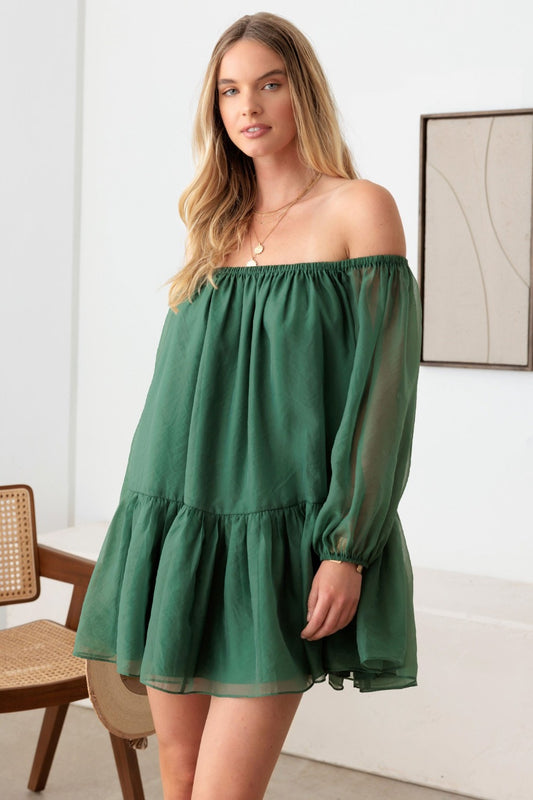 Organza Off Shoulder Puff Sleeve Mini Dress in Green
