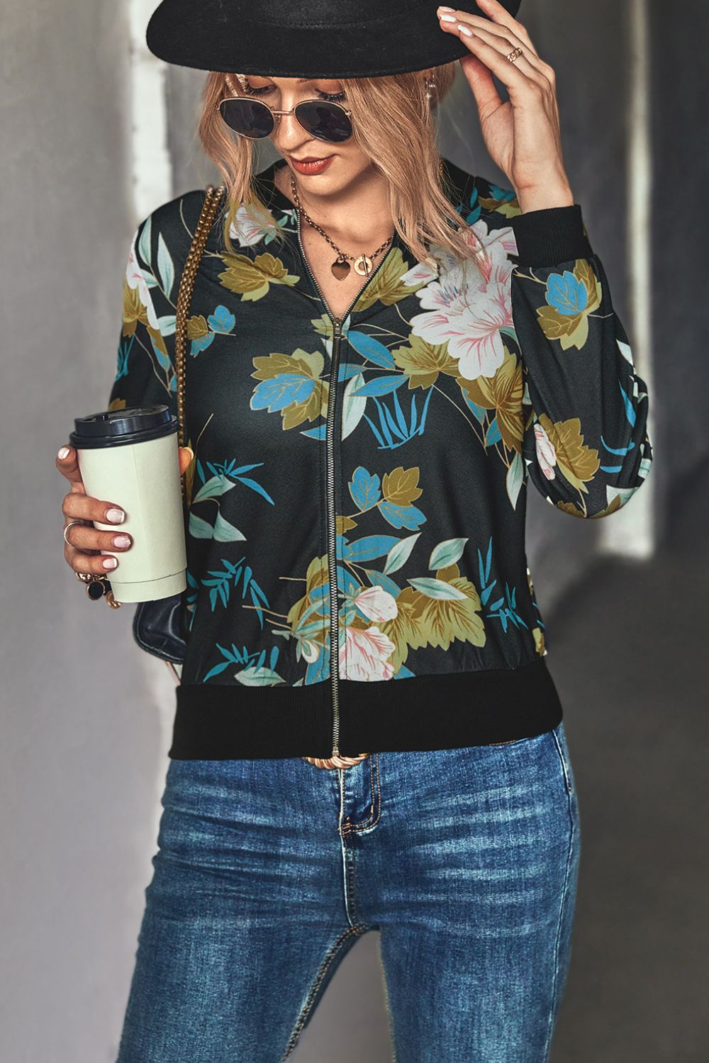 Floral Zip Up Bomber Jacket