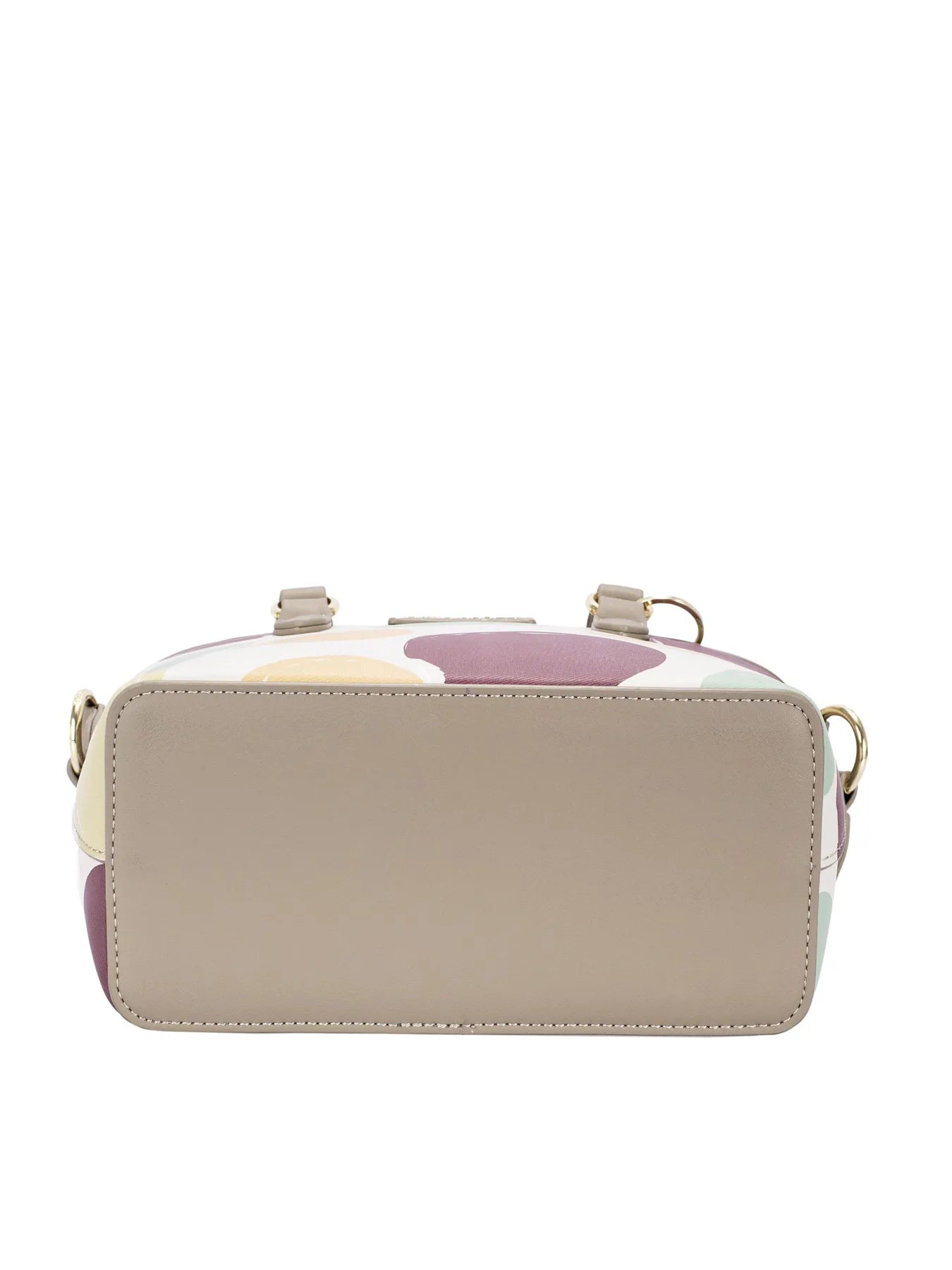 Beige handbag with purple accents on a white background