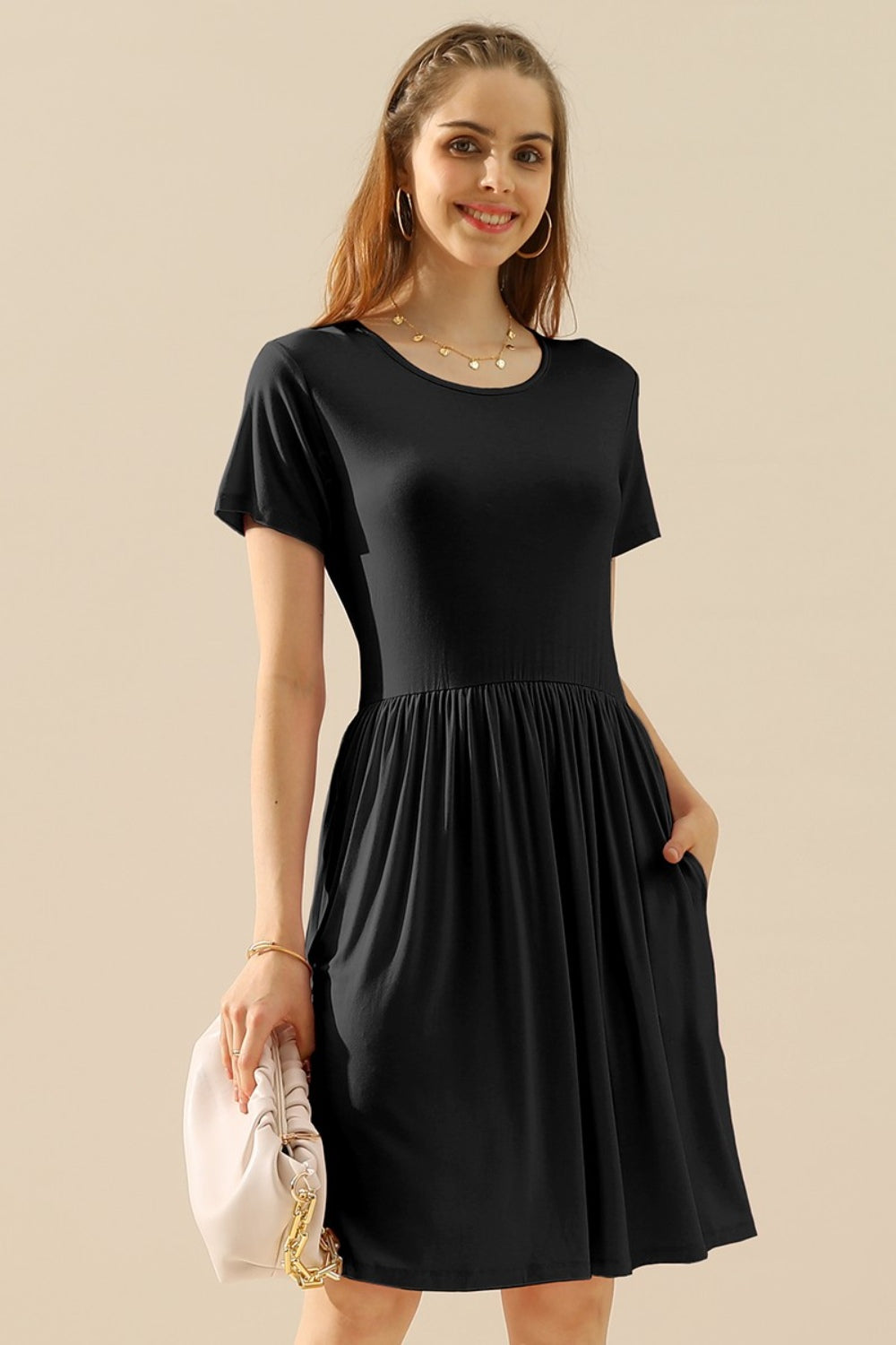 Short Sleeve Ruched Mini Dress with Pockets