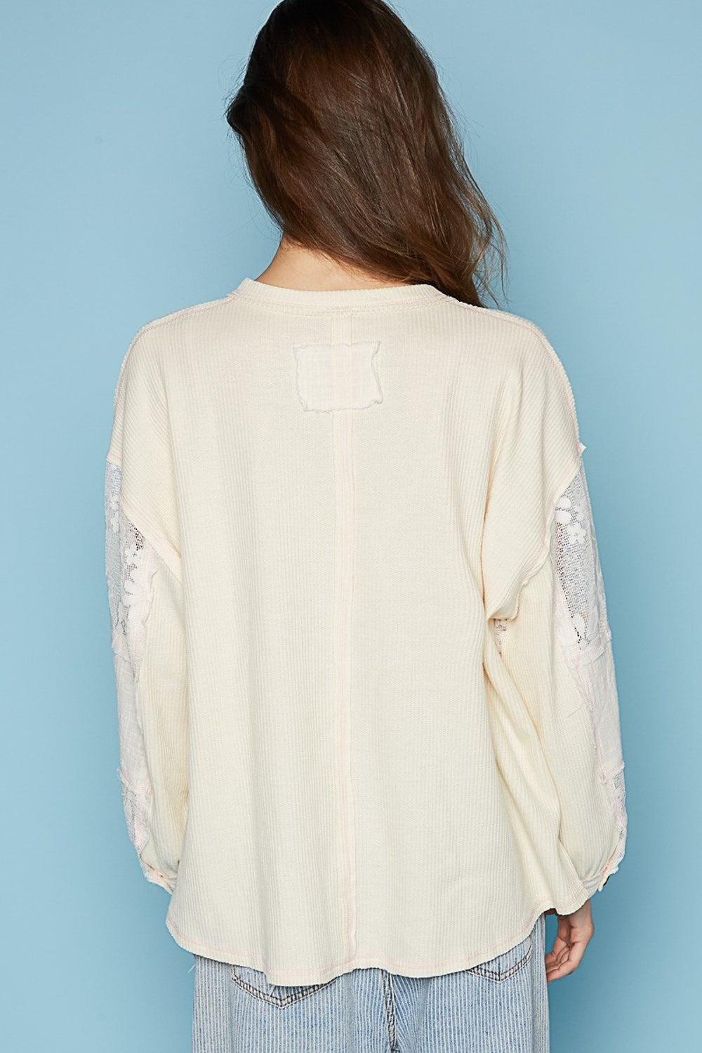V-Neck Lace Balloon Sleeve Exposed Seam Top in Cream