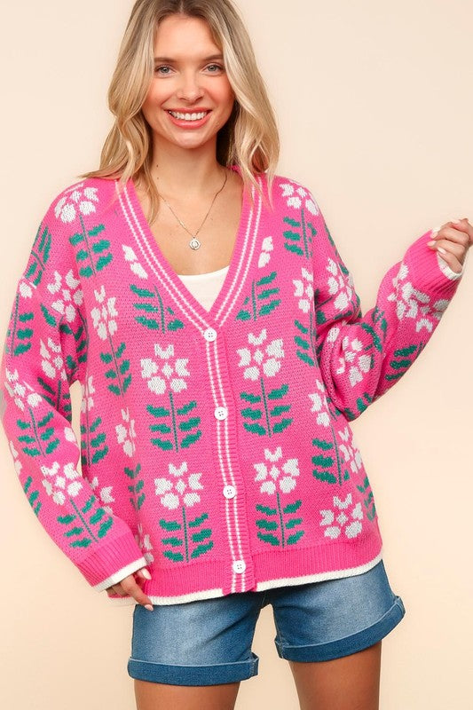 Hot Pink Floral V-Neck Button Up Cardigan