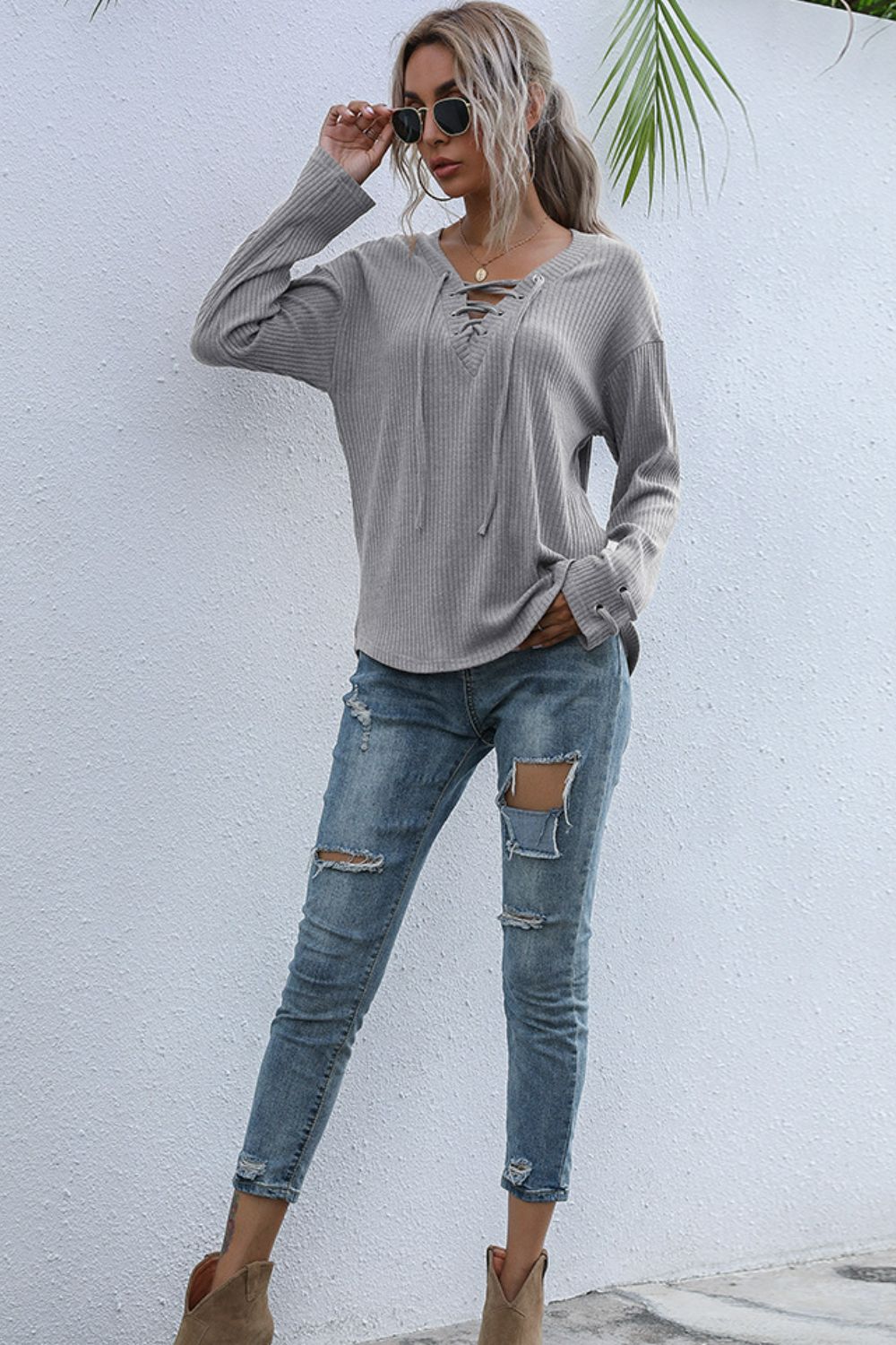 Lace-Up V-Neck Rib Knit Top