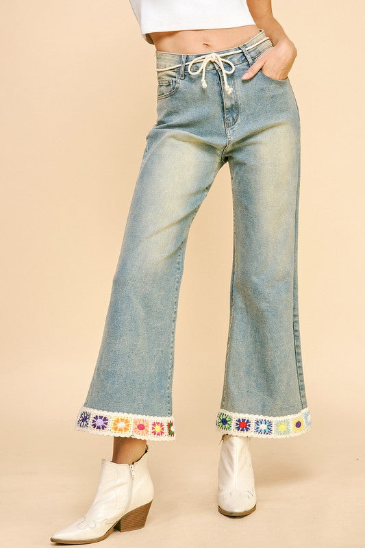 Light Wash Crochet Trim Flare Jeans