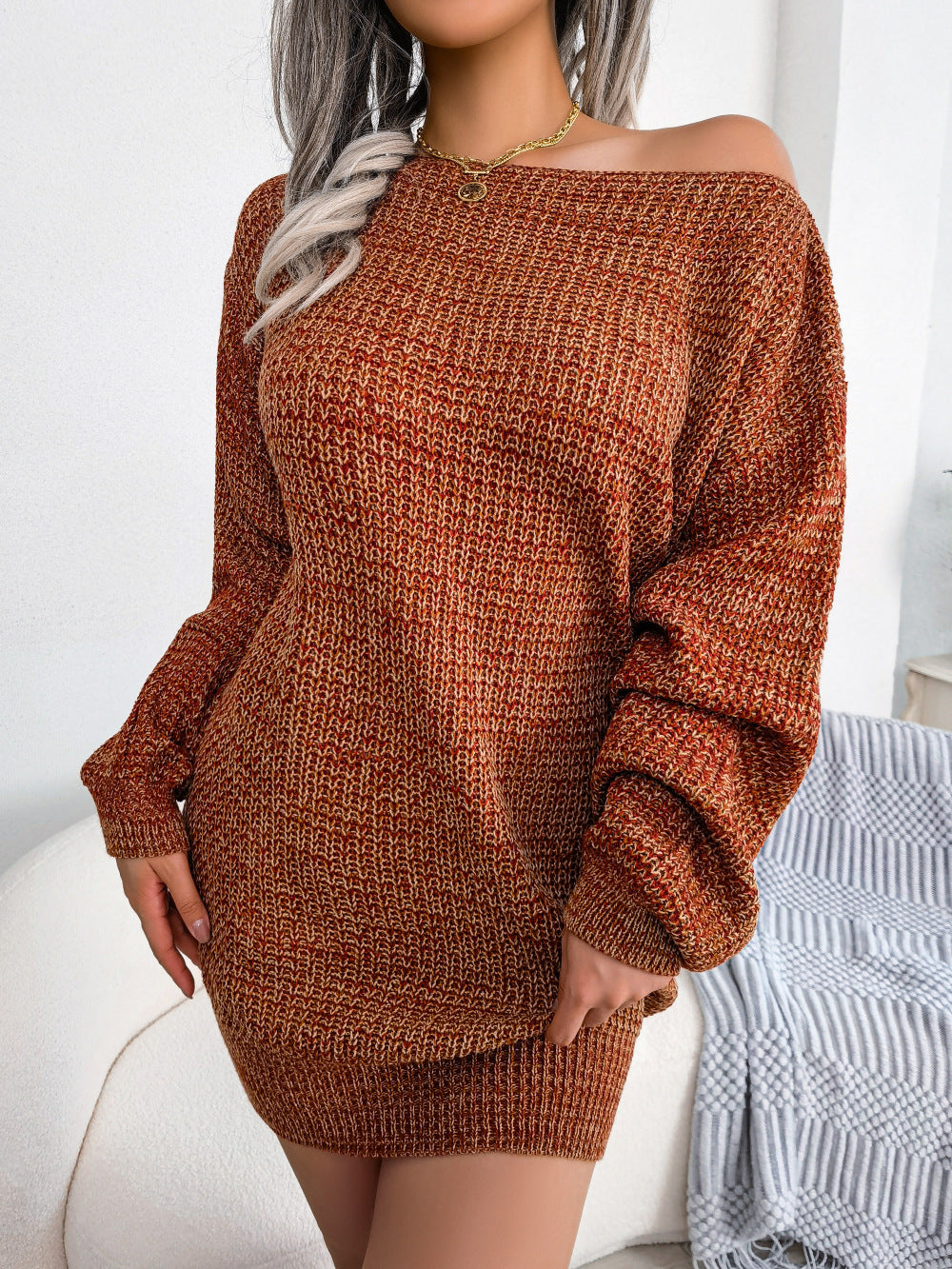 Heathered Boat Neck Long Sleeve Mini Sweater Dress