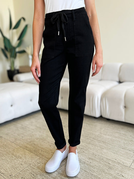 Drawstring High Waist Double Roll Cuff Jeans in Black