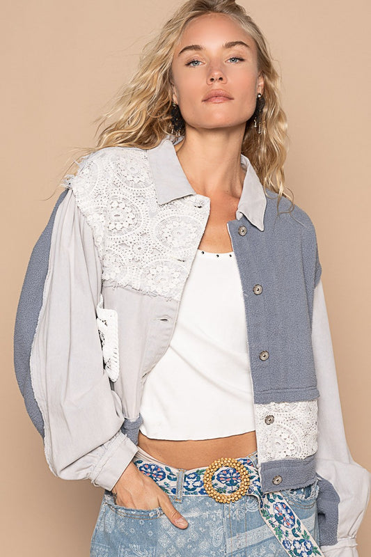 Denim Blue Crochet Patchwork Button Up Jacket