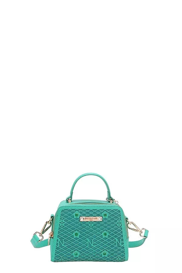 Teal handbag with a chain detail on a white background