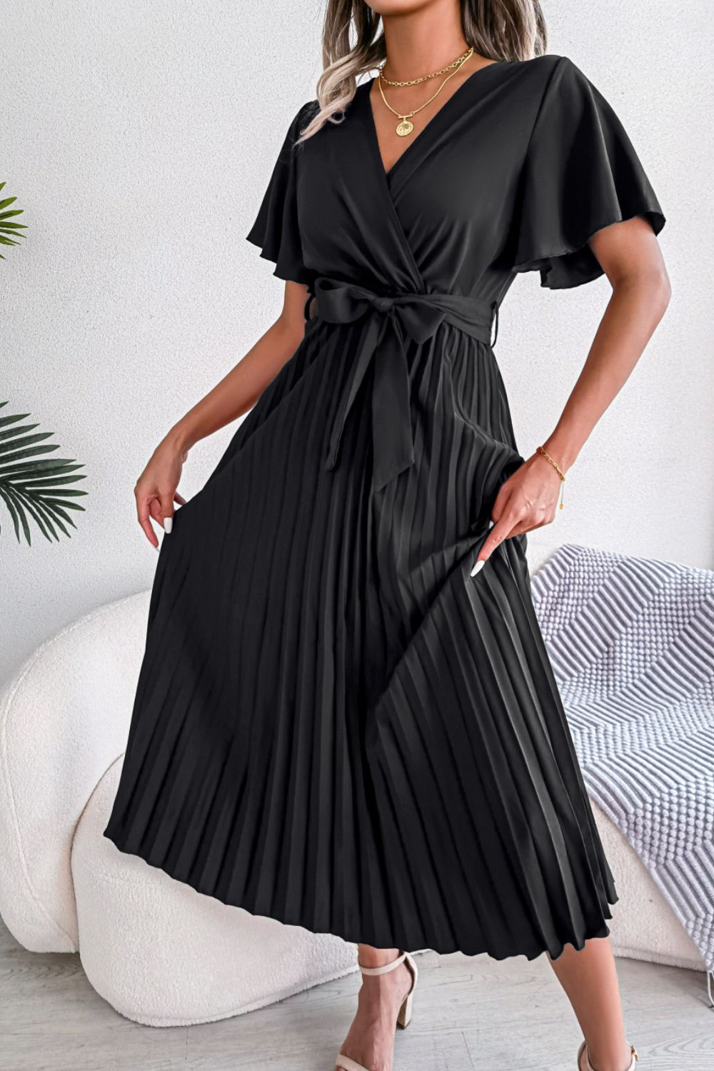 Pleated Flutter Sleeve Tie Waist Midi Dress