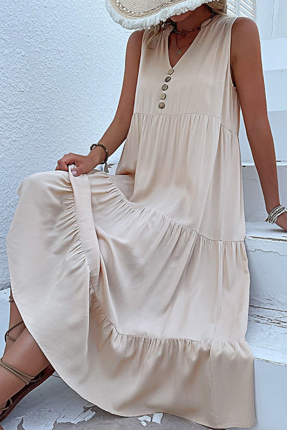 Sleeveless Tiered Midi Dress in Khaki