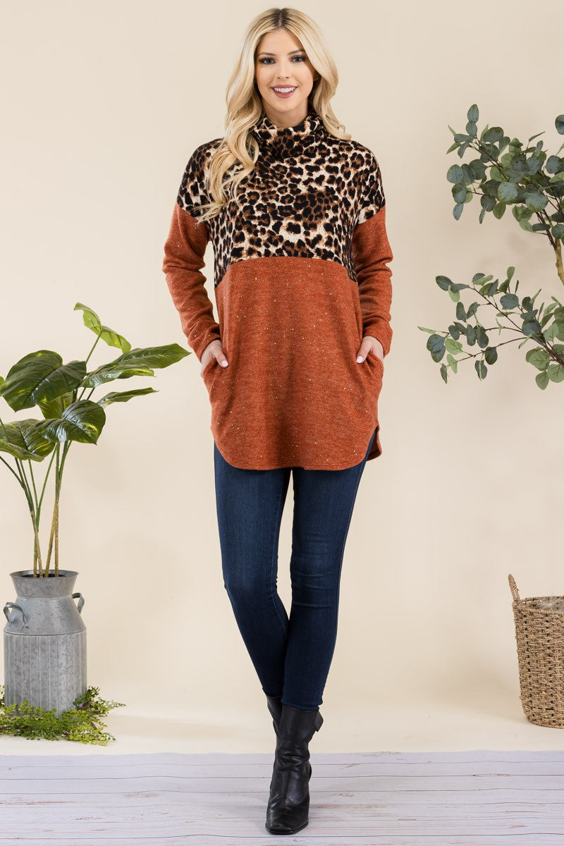 Long Sleeve Turtleneck Blouse in Rust Leopard