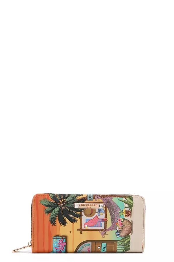Colorful wallet with a tropical design featuring a parrot and palm trees on a white background.