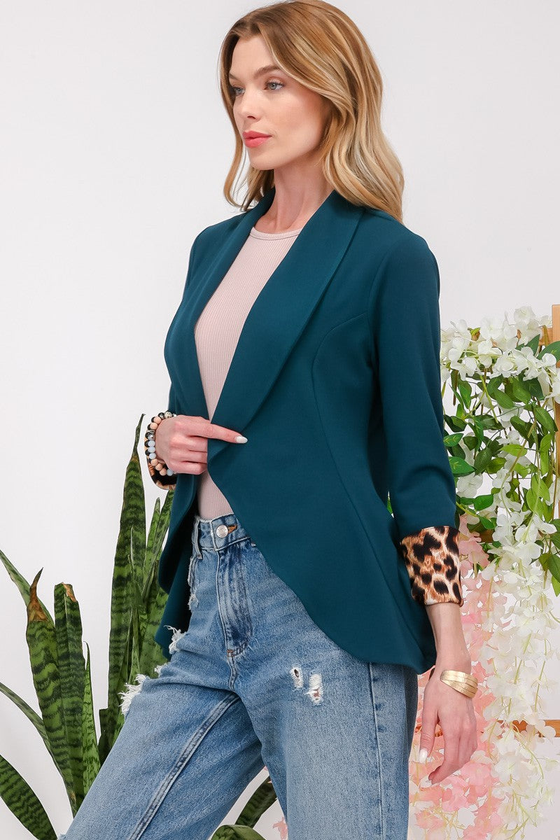 Hunter Green Leopard Cuff Open Front Blazer