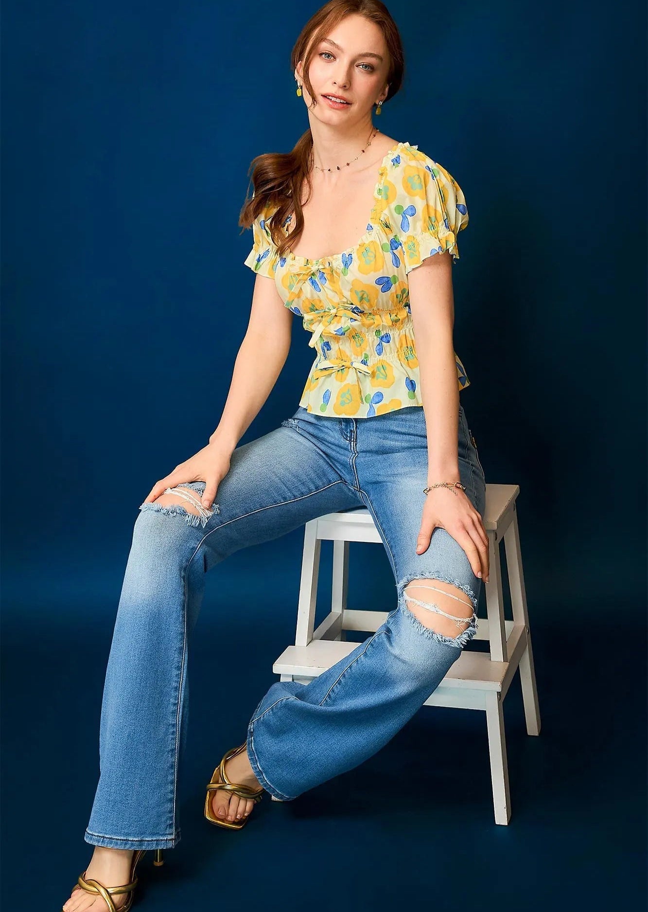 Yellow Multicolor Floral Smocked Peplum Top