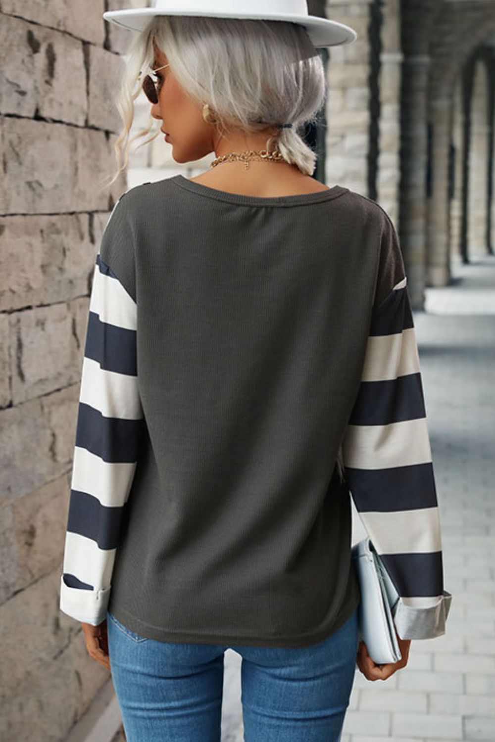 Gray Leopard Striped Long Sleeve Tee