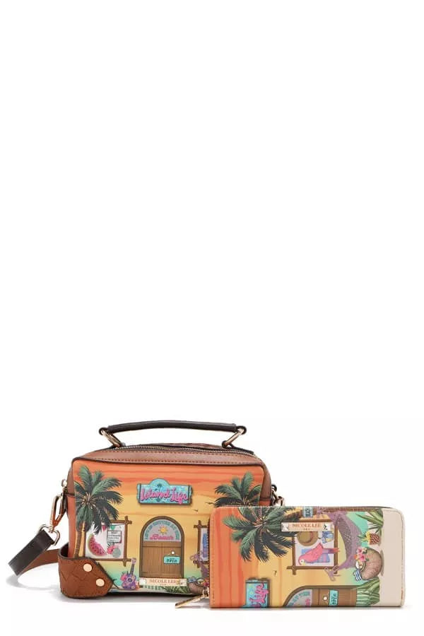 Colorful handbag with palm tree design on a white background