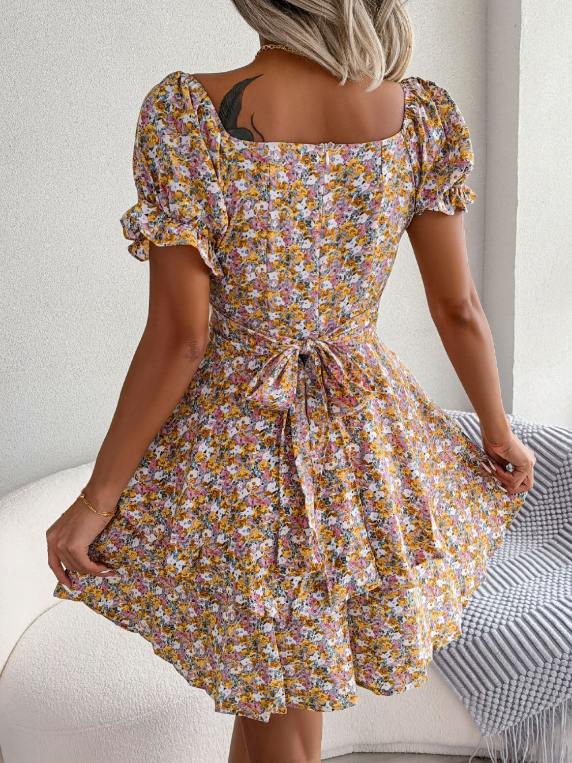 Floral Sweetheart Neck Puff Sleeve Mini Dress