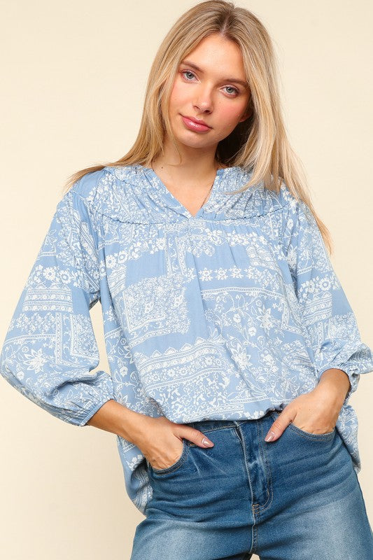 Light Blue Printed Three-Quarter Sleeve Blouse