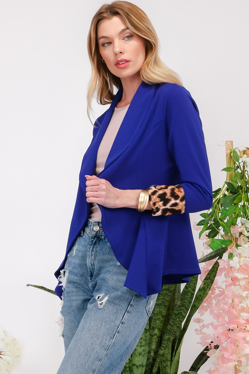 Royal Blue Leopard Cuff Open Front Blazer