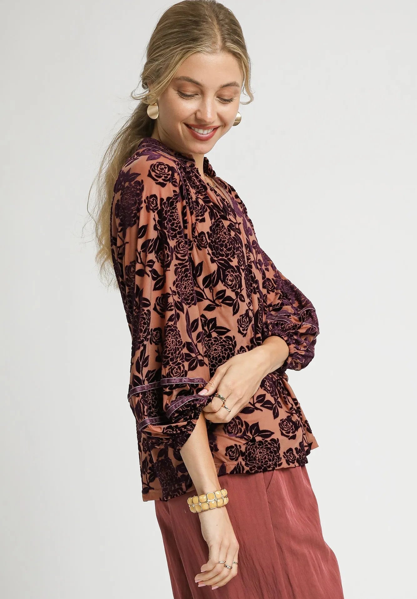 Rust Velvet Floral Print Top
