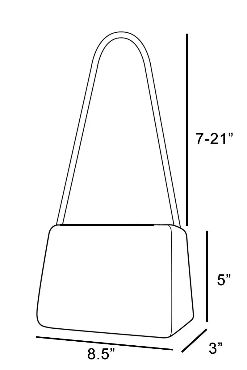Line drawing of a handbag with dimensions labeled
