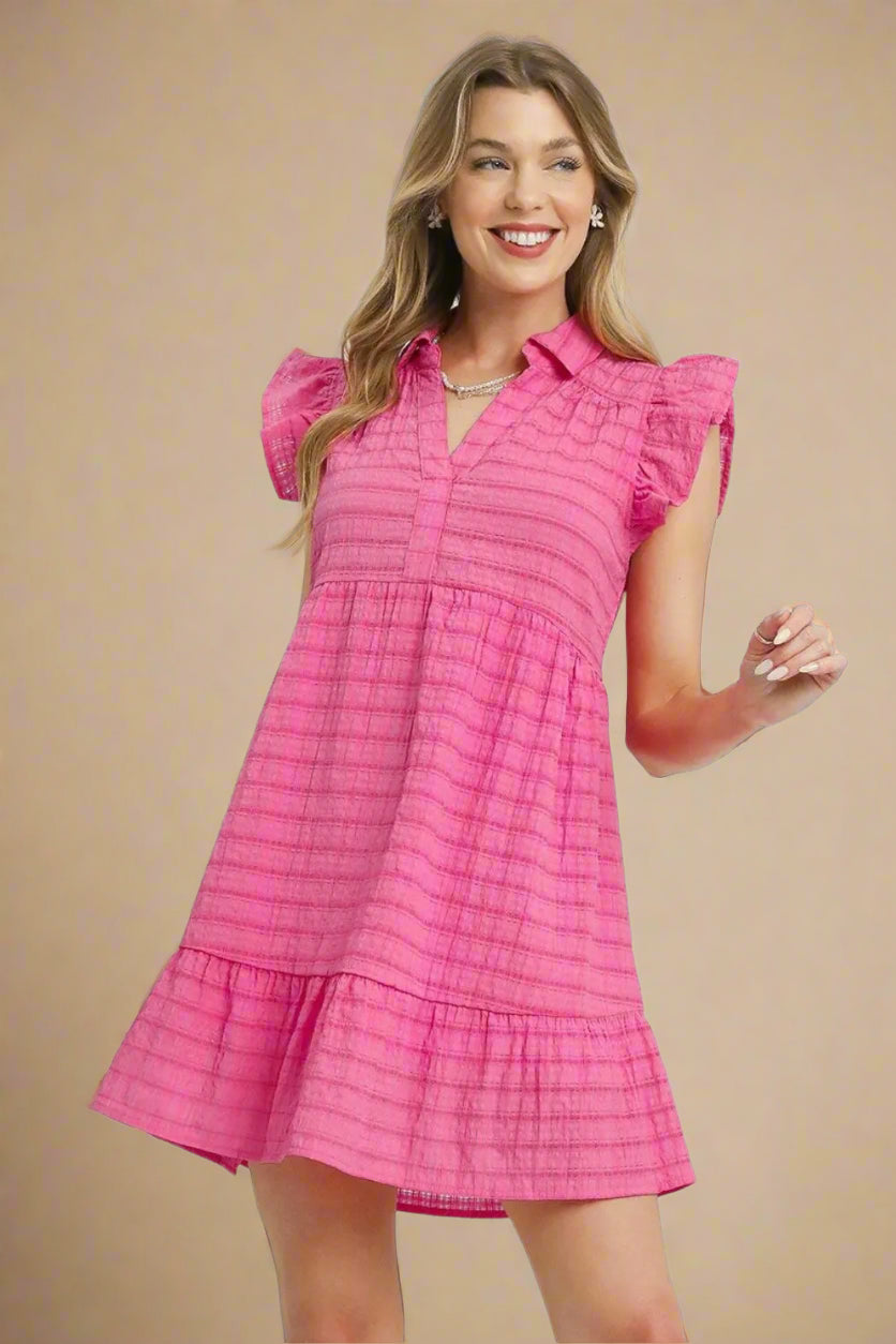 Hot Pink Flutter Sleeve Babydoll Dress