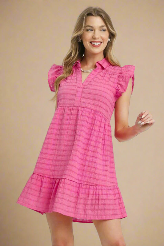 Hot Pink Flutter Sleeve Babydoll Dress