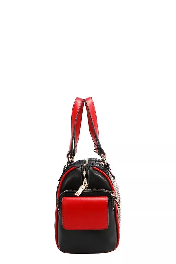 Black and red handbag with a visible brand logo on a white background