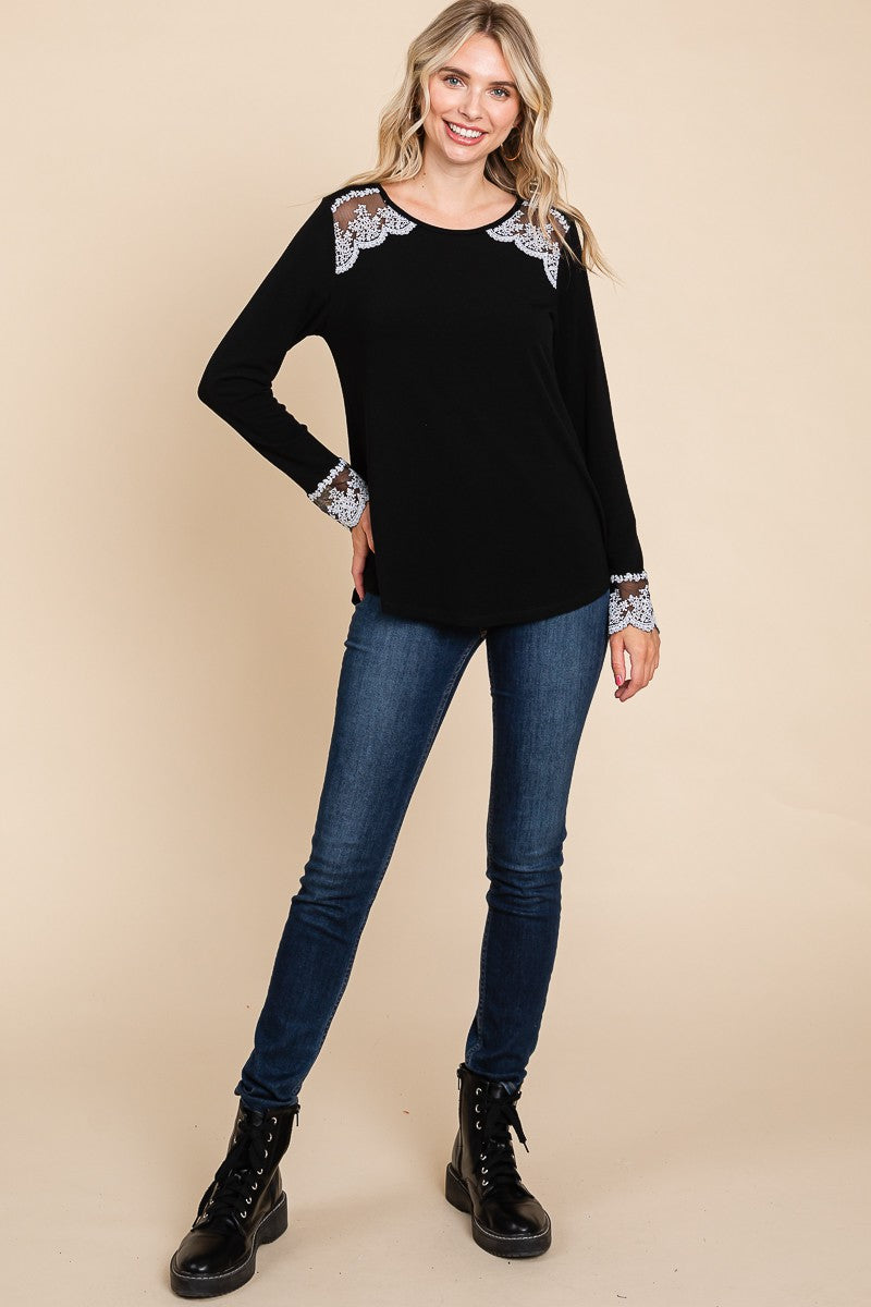 Black Lace Detail Long Sleeve T-Shirt