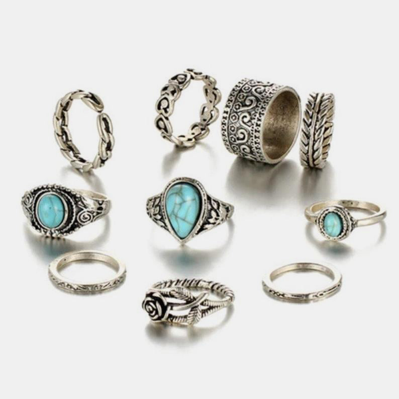 Silver Turquoise 10-Piece Ring Set