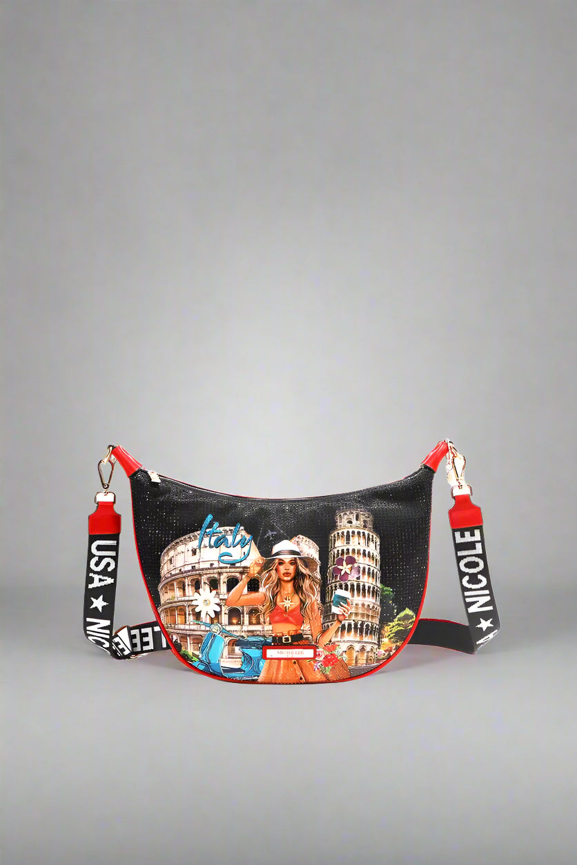Travel-themed bag with scenic designs and brand names on a white background