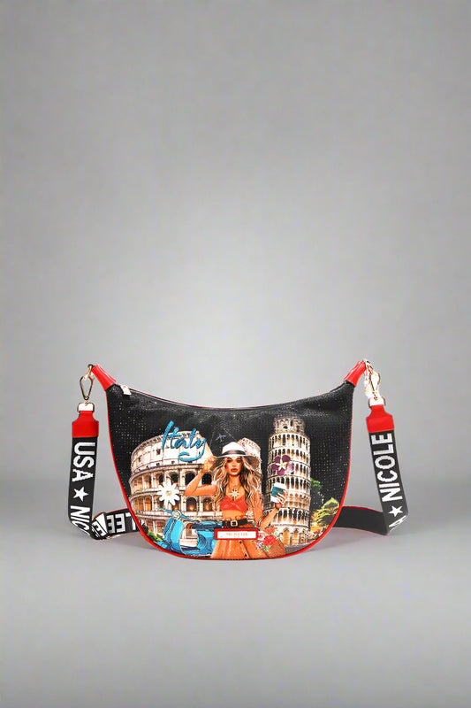 Travel-themed bag with scenic designs and brand names on a white background