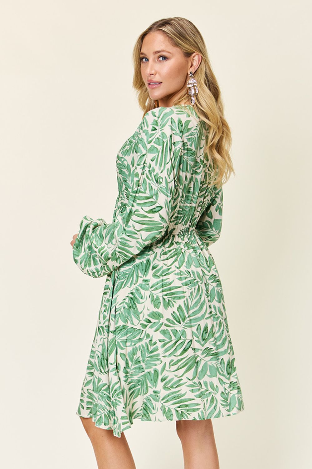 Printed Empire Waist Balloon Sleeve Mini Dress in Light Green