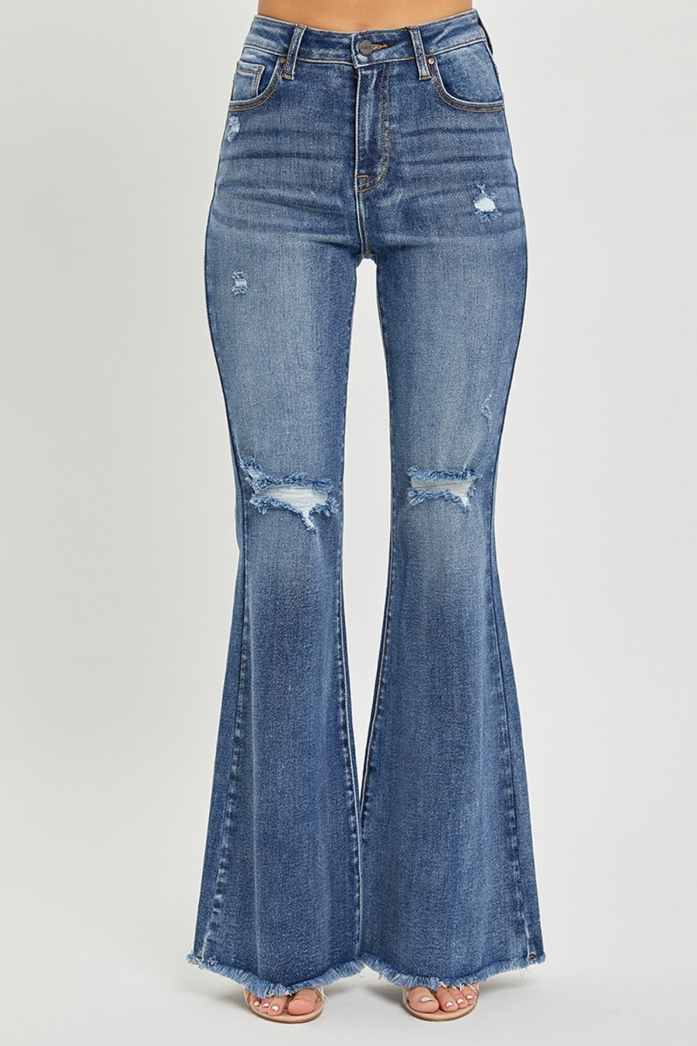Medium Wash High Waist Distressed Flare Jeans