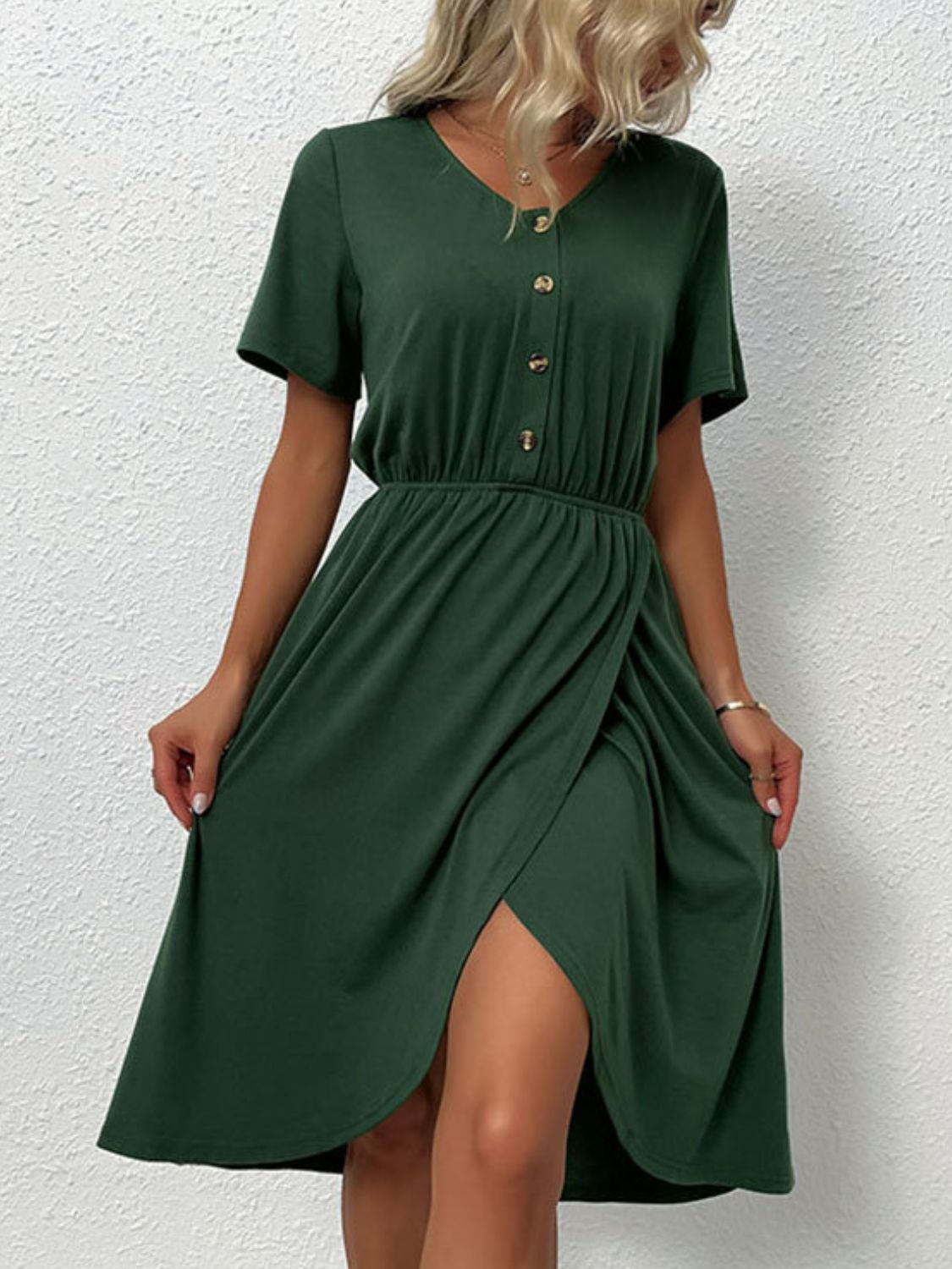 Dark Green V-Neck Short Sleeve Knee Length Dress