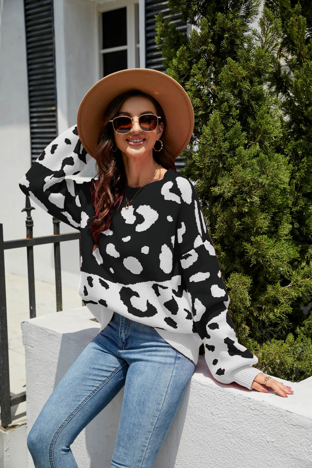 Leopard Pattern Dropped Shoulder Sweater