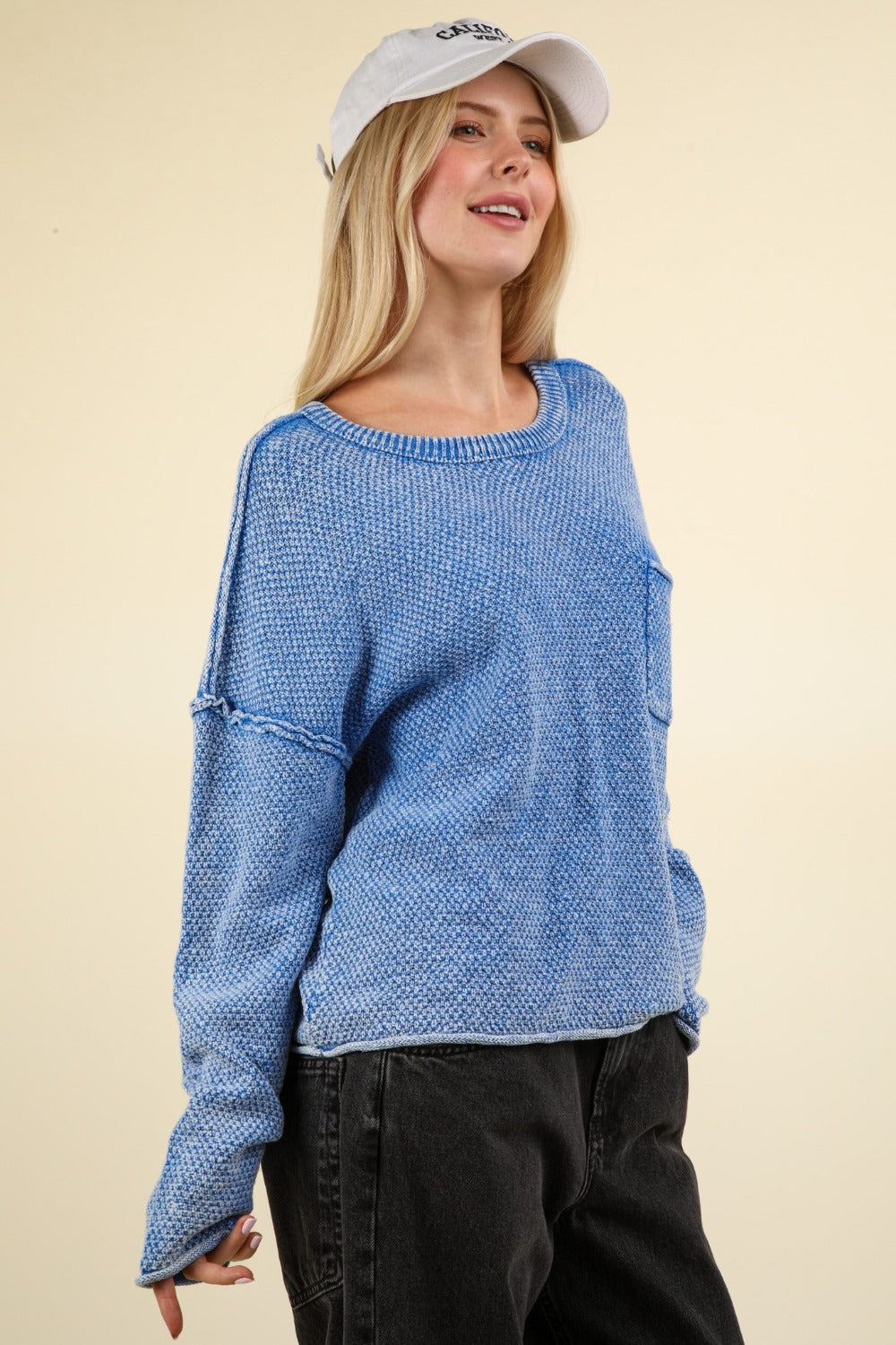 Blue Mineral Washed Exposed Seams Sweater