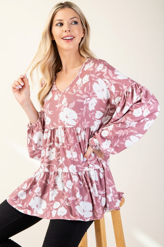 Floral V-Neck Long Sleeve Blouse in Mauve