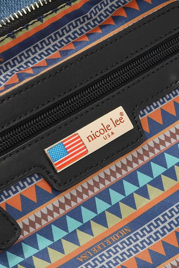 Close-up of a patterned bag with a Nicole Lee label featuring an American flag.