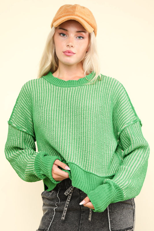 Green Exposed Seams Cropped Striped Sweater