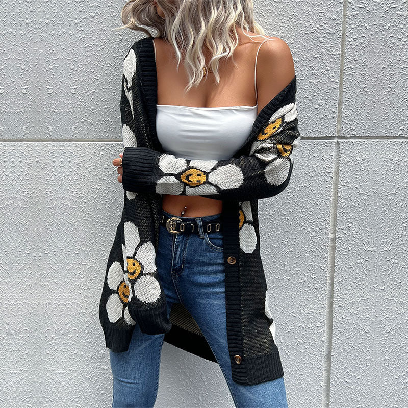 Black Floral Button Down Longline Cardigan