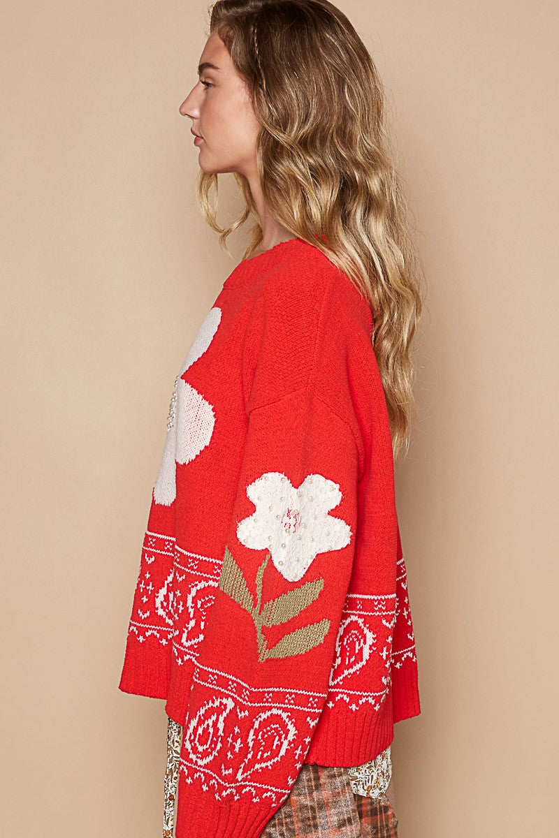 Red Lace Flower Patch Long Sleeve Sweater