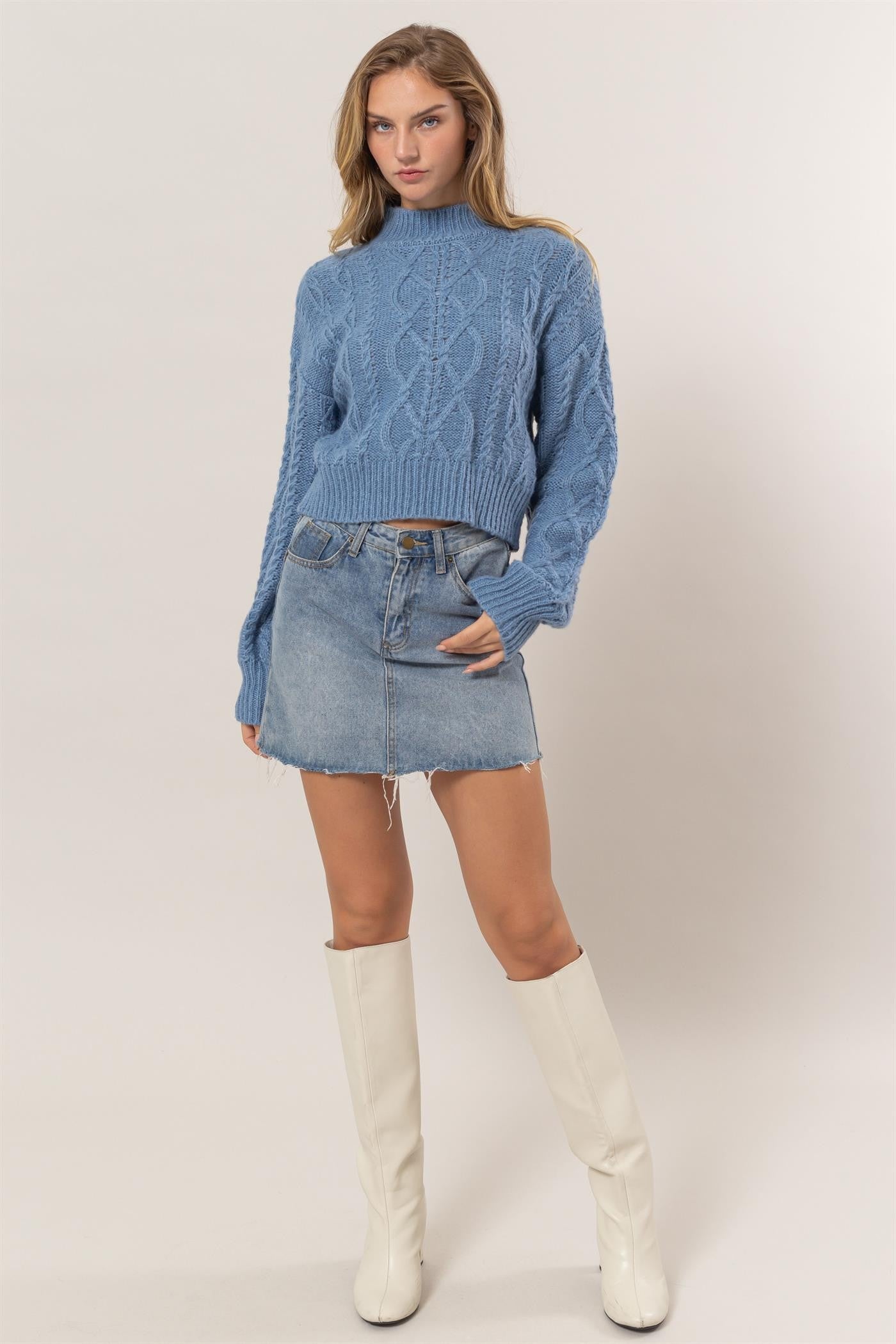 Gray Blue Cable Knit Mock Neck Sweater