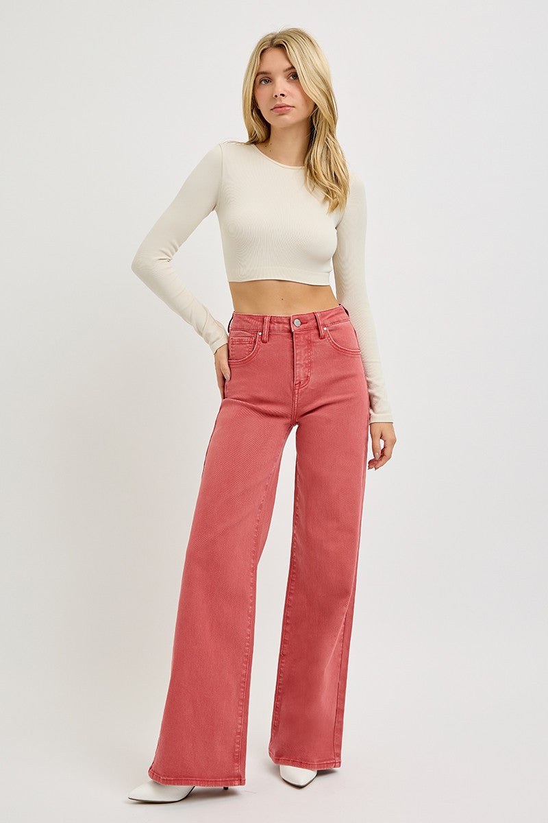 High Rise Tummy Control Wide Leg Jeans in Brick